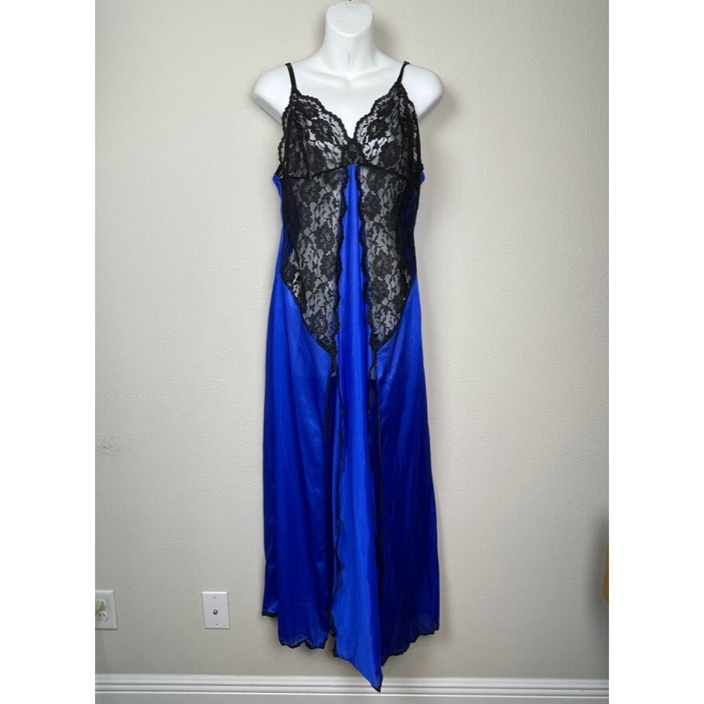 Frederick's Blue Lace Slip Gown 1X Coquette Romantic Lingerie High Slit